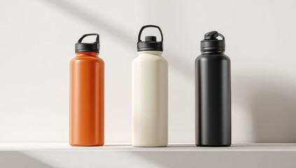 Three blank metal water bottles in orange, cream, and black colors, displayed on a white shelf, ideal for mockup design.