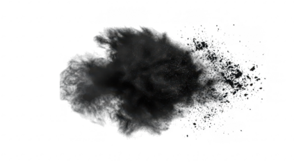 A dramatic explosion of black powder creating a cloud-like formation against a white background. symbolizing creativity or chaos. ideal for artistic or abstract design uses