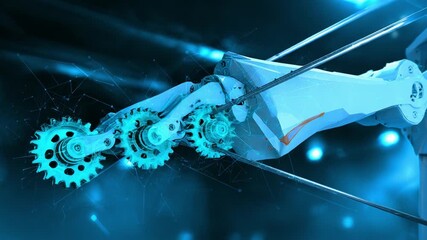 Futuristic robotic arm with glowing blue gears in motion against a dark high tech background, overlaid with a digital network to evoke AI, automation and industrial innovation - Powered by Adobe