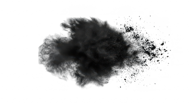 A dramatic explosion of black powder creating a cloud-like formation against a white background. symbolizing creativity or chaos. ideal for artistic or abstract design uses