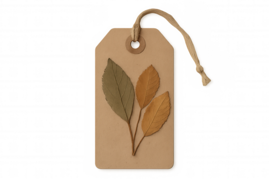 Kraft paper gift tag with pressed dried leaves and twine, eco-friendly autumn message label