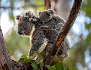 Fototapeta premium Mother koala cuddling joey in tree