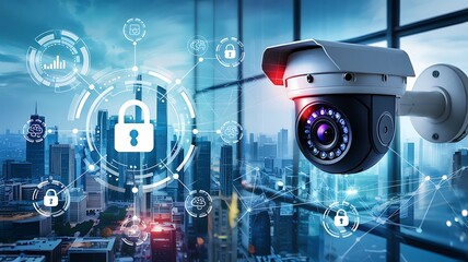 Modern surveillance camera monitors a futuristic cityscape with glowing digital security icons and data streams representing advanced cyber protection