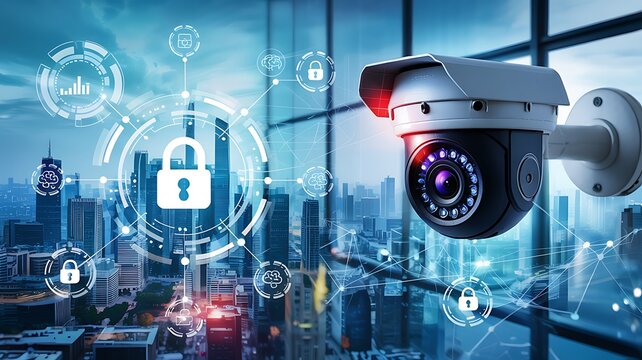 Modern surveillance camera monitors a futuristic cityscape with glowing digital security icons and data streams representing advanced cyber protection
