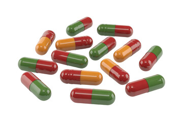 A 3D render of multiple red, green, and orange capsules scattered on a transparent background. background removed
