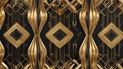 Repeating wallpaper pattern inspired by 1920s Art Deco style, gold and black geometric lines, symmetrical luxurious design, elegant seamless texture,Generative Ai
