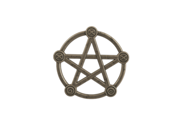 A metallic pentagram encircled by a textured ring, adorned with intricate details, evokes ancient symbolism. background removed