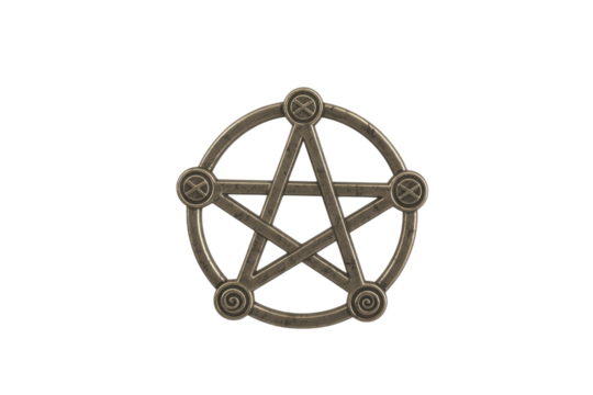 A metallic pentagram encircled by a textured ring, adorned with intricate details, evokes ancient symbolism. background removed
