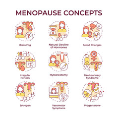Menopause multi color concept icons. Climacteric stage in women life. Menstrual periods permanently stop. Gynecology. Icon pack. Vector images. Round shape illustrations for article. Abstract idea