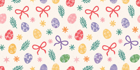 Whimsical easter egg pattern with bows and flowers on a textured background