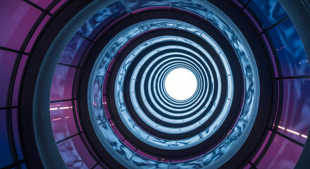 Modern Spiral Staircase with Blue and Purple Lighting in a Stylish Building