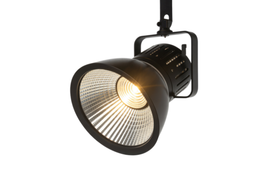 A black, adjustable spotlight with a bright, warm-toned LED bulb illuminates the scene. background removed
