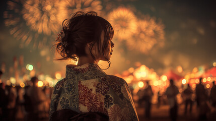 夏の夜空に咲く花火を見上げる浴衣姿の女性の後ろ姿「生成AI」