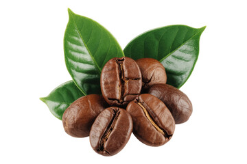 Obraz premium Roasted coffee beans with fresh green leaves, isolated on a transparent background. background removed