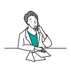 男性医師が机に向かい書類を前にして考え込むイラスト｜診断や研究における悩みや不安を表現し、医療現場や教育素材に適した白背景のベクター