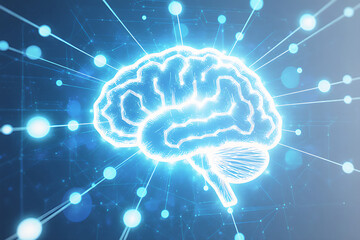 Brain with glowing neural connections illustrated against vibrant blue background