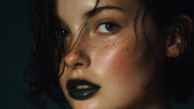 Intense portrait of a beautiful young woman with glowing skin, natural freckles, wet hair, and dark green lipstick posing in a studio with a dramatic and alluring look