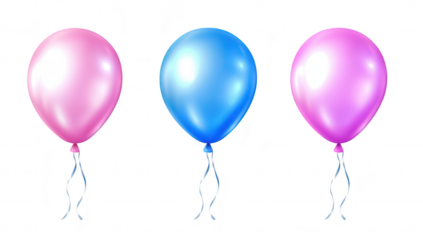 A arrangement of three glossy balloons in shades of pink and blue. gently floating against a clean white background. ideal for celebrations and festive occasions