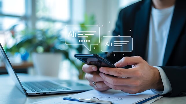 Close up of a businessman using a smartphone with glowing ai chatbot interface and data visualization overlays in a modern office setting