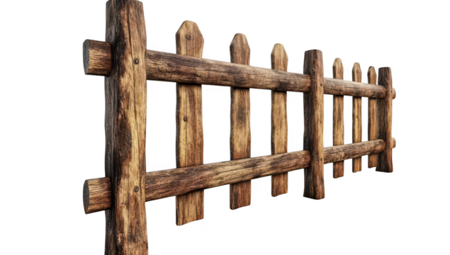 A rustic wooden fence with a weathered texture. its sturdy construction. set against a clean white background. ideal for landscaping and rural themes