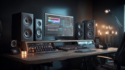 A high-end music studio featuring premium studio monitors on a sleek desk, glowing LED lights, modern audio equipment, perfect for music production atmosphere