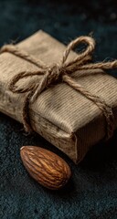 Fototapeta premium Wrapped gift box with twine, beside a single almond