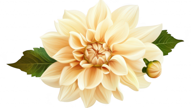 A stunning illustration of a large cream-colored dahlia flower with intricate petals and green leaves. set against a clean white background. perfect for floral-themed designs or nature-focused project