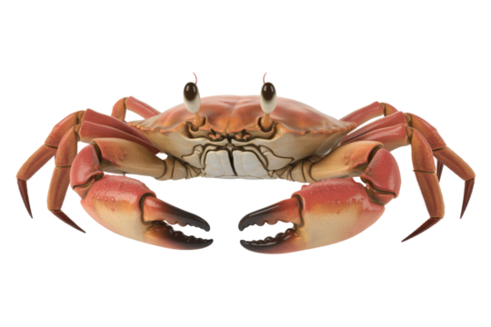 A detailed 3D render of a crab, showcasing its vibrant red-orange shell and powerful claws against a transparent background. background removed - Powered by Adobe