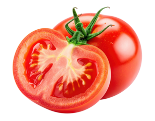 Close-up of a whole and halved tomato
