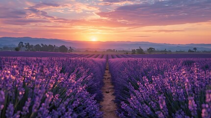 Vibrant rows of lavender under a mystical sunset sky creating an ethereal landscape