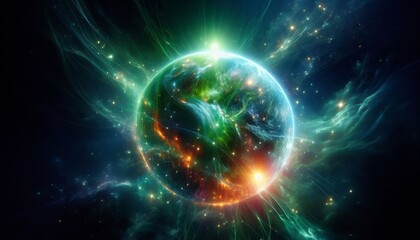 Obraz premium Earth, Universe, Glow, Planet, Space, Stars, Atmosphere, Night, Universe, Bright Green