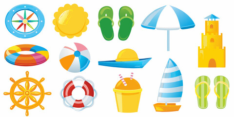 Collection of colorful cartoon beach and summer vacation icons and illustrations