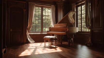 Bright cozy space with classic piano and warm natural light highlighting the wooden floor and piano keys