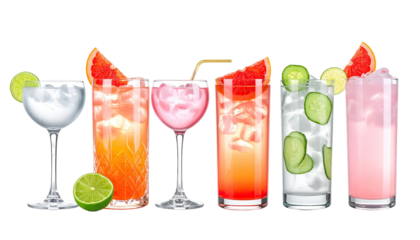 Colorful array of cocktails, showcasing various glasses and garnishes