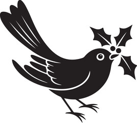 Christmas bird with holly branch silhouette vector