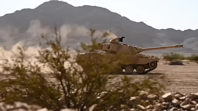 Tank Maneuvering in Desert Landscape Military Vehicle on Maneuvers