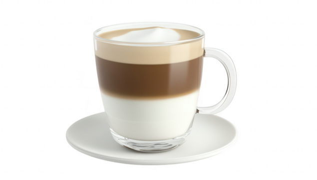 A beautifully layered latte served in a clear glass cup on a white saucer. rich coffee. creamy milk. and frothy top. ideal for food photography and beverage marketing