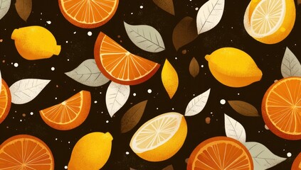 Citrus slices and leaves on dark background