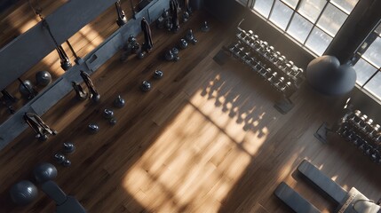 Gym fitness center workout equipment weights dumbbells kettlebells exercise training health and wellness aerial view