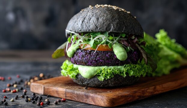 Charcoal bun vegan burger with vibrant toppings