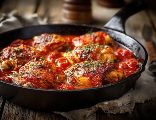 Fototapeta premium Chicken thighs in a tomato sauce, cooked in a cast iron skillet
