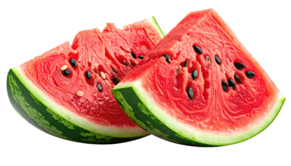 Two juicy watermelon slices, vibrant red flesh, and dark seeds.  Green rind visible