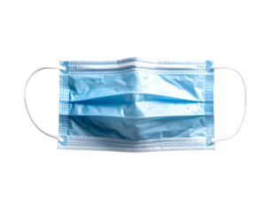 A light blue, pleated surgical face mask with white elastic ear loops, isolated on a black background