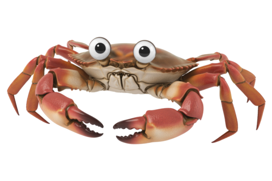 A cartoon crab with large, expressive eyes, rendered in 3D, against a transparent background. background removed