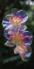 Iridescent orchid-like blossoms, seemingly formed from soap bubbles, hang against a blurred dark background