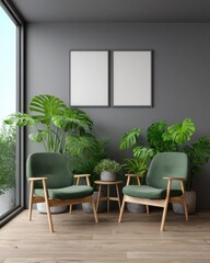 A stylish seating area with two green armchairs, lush foliage, and blank picture frames, highlighting a contemporary, relaxing interior design.