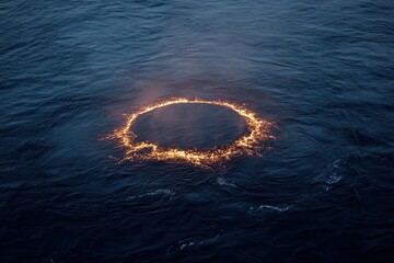A fiery ring floats on dark water, emitting smoke and light, creating a surreal, ethereal scene