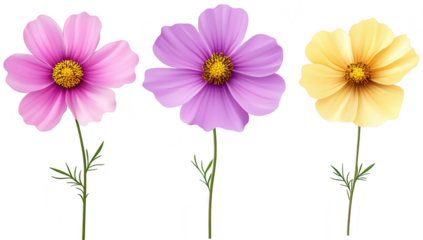 A display of three distinct flowers in pink. purple. and yellow hues. each standing tall with green stems. set against a clean white background. ideal for nature-themed designs and illustrations