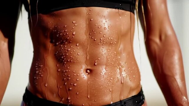 Close-up of a fit woman's abs covered in sweat, showcasing fitness and dedication