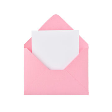 Open pink paper air post envelope with empty white blank paper sheet isolated on white background with clipping path. Element for design.